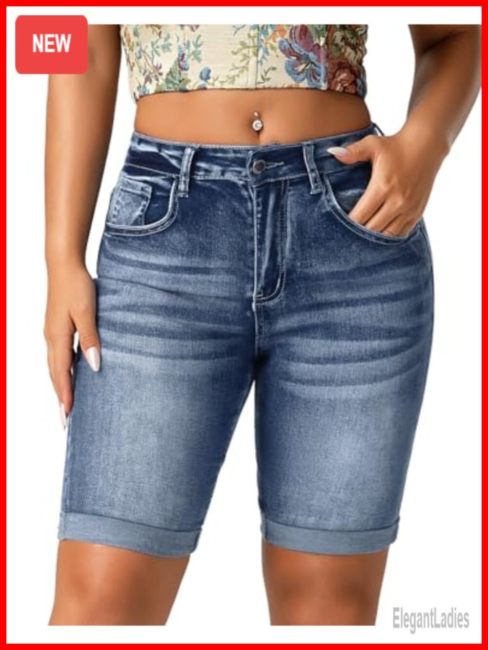 Denim Bermuda Shorts Mid-Rise Stretch Cotton